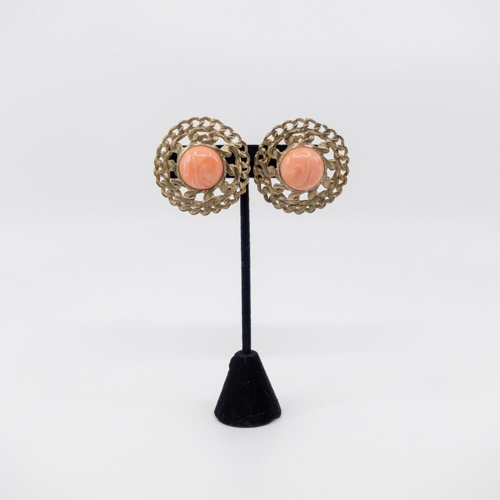 Vintage Metal Open Link Clip On Earrings with Marbled Pink Center